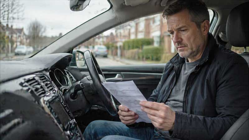 Driver checking documents inside a parked car in the UK